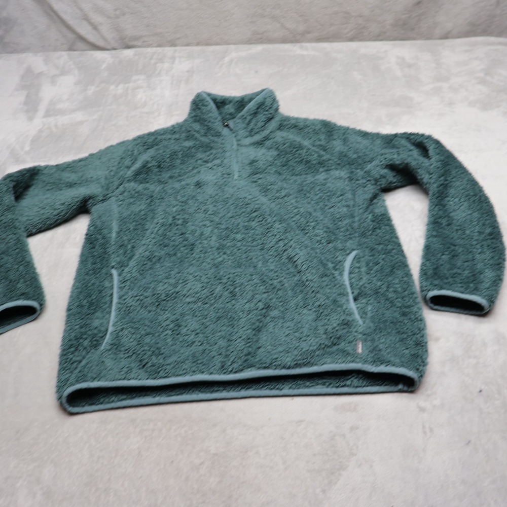 Eddie Bauer Sweatshirt Womens Petite Medium Green Sherpa Fleece 1/4 Zip Pullover